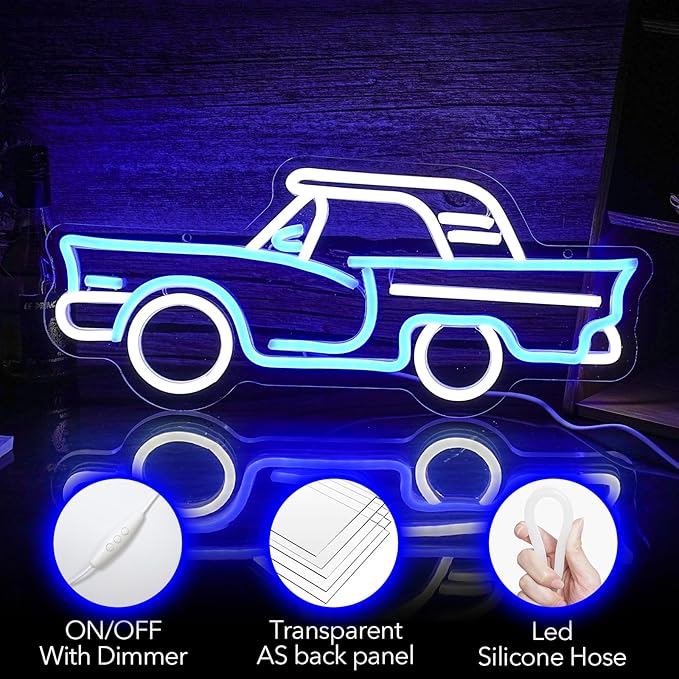 Car neon sign, Blue + White Led Signs USB Powered,For Bedroom Salon Bar Gym Garage Carpark Decor, Retro Car Led neon light sign(17.1x7.3in)