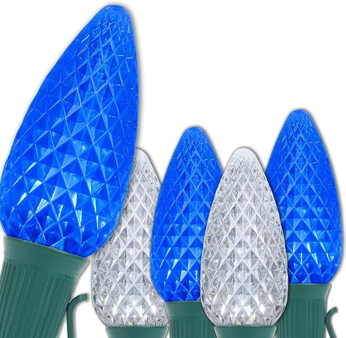 Wintergreen Lighting C9 OptiCore LED Blue & White Commercial Outdoor Christmas Lights – Heavy Duty Bulbs on 18 Gauge Green Wire for Holiday Displays (100 Lights, 100 ft, Blue/Cool White)