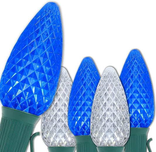 Wintergreen Lighting C9 OptiCore LED Blue & White Commercial Outdoor Christmas Lights – Heavy Duty Bulbs on 18 Gauge Green Wire for Holiday Displays (100 Lights, 100 ft, Blue/Cool White)