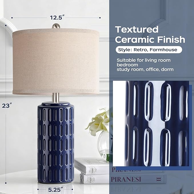 PARTPHONER 23" Farmhouse Modern Ceramic Table Lamp Set of 2 - Navy Blue Bedside Lamps for Bedroom & Living Room, Nightstand, Desk, End Table