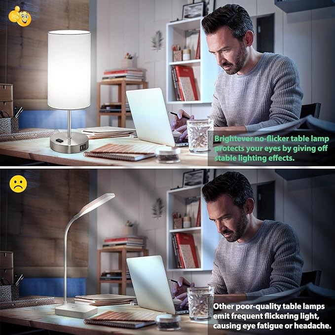 Set of 2 Touch Control Table Lamps with 2 USB Charging Ports&AC Outlet, 3-Way Dimmable Bedside Nightstand Lamps with White Fabric Lampshade for Reading, Bedroom, Living Room, A19 LED Bulbs Included