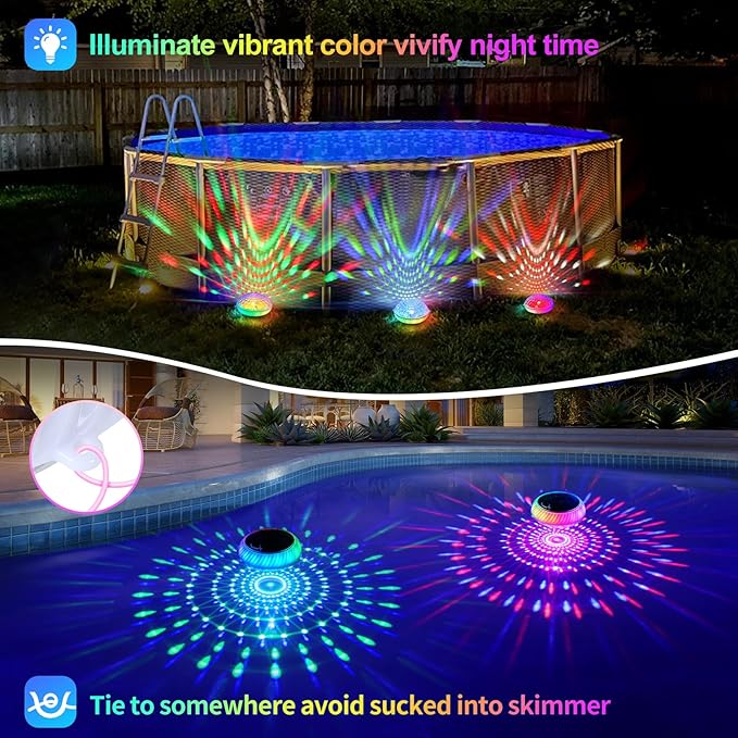 FirstE Solar Floating Pool Lights, 7.6" Dynamic RGB Color Floating Solar Pool Lights IP68 Waterproof, Light Sensing LED Pool Decor Light for Inground, Above Ground Pools, Outdoor, Garden, Party