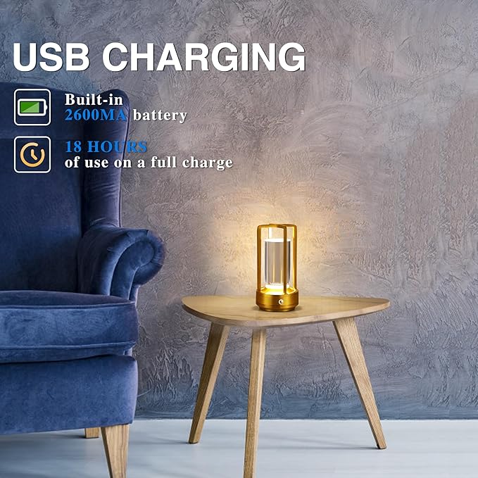 Portable Metal Table Lamp, Cordless Table Lamp, Rechargeable Battery Powered Portable LED Desk Lamp, 3 Color Stepless Dimming Touch, for Bedroom Restaurant Home Outdoor (2 Set of Gold)