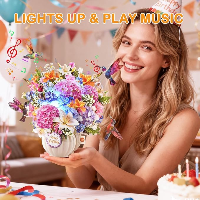 Pop Up Birthday Card with Music & Lights, 3D Pull-Out Flying Hummingbird Flower Bouquet Greeting Card, Elegant Floral Birthday Keepsake Gift with Envelope for Women Wife Mom Sister Friends Her
