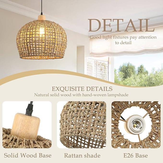 Rattan Pendant Lights Kitchen Island, 16" Wicker Hand-Woven Light Fixture Coastal Lighting Hanging Ceiling Boho Large Chandelier for Restaurants Living Dining Room Farmhouse