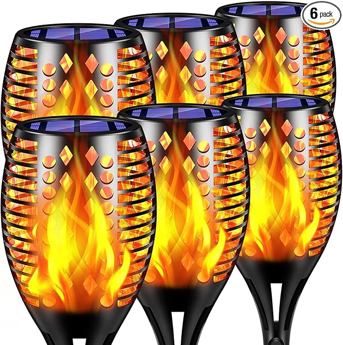 TomCare Solar Lights, 43" Waterproof Flickering Flames 96 LED Torches Outdoor Landscape Decoration Lighting Auto On/Off Pathway Lights for Garden Patio Yard, Black(6)
