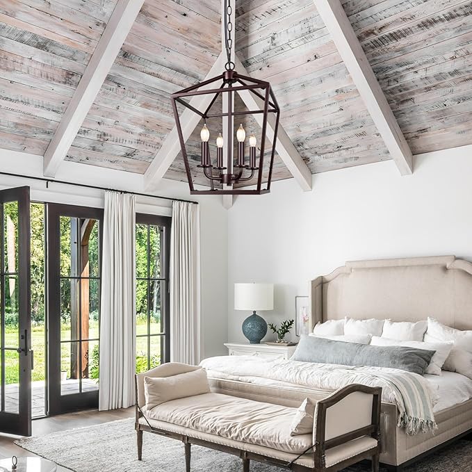 Farmhouse Chandelier 4-Light, Oil-Rubbed Bronze Pendant Light Fixture for Kitchen Island Dining Room, Lantern Industrial Lighting Ceiling Hanging with Metal Cage Adjustable Height for Entryway Foyer