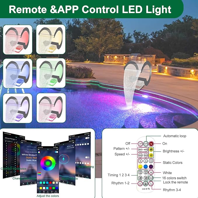 LONGRUN J-Shaped Waterfall Spillway Acrylic Swimming Pool Fountain with Color Changing LED Light, Outdoor Pond Waterfalls Kit for Garden Patio Swimming Pool Koi Ponds Decoration -13.6" Height
