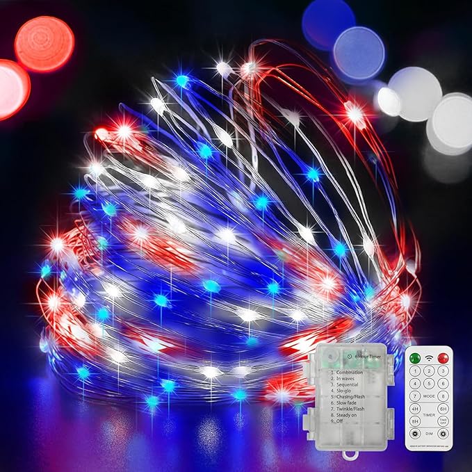 LAMPHOME Patriotic Fairy Lights Battery Operated, 33Ft 100 LEDs Waterproof Twinkle Firefly Lights,Starry String Light for Independence Day Patriotic Holidays Decoration (Red, White & Blue)