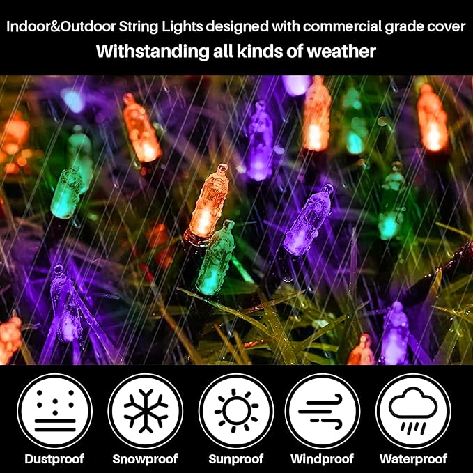 LAMPHOME Orange Purple Green Halloween String Lights Outdoor, 32.5FT 100 LED Waterproof Christmas Lights with 16 Lighting Modes for Halloween Garden Party Christmas Xmas Tree Lights Decor