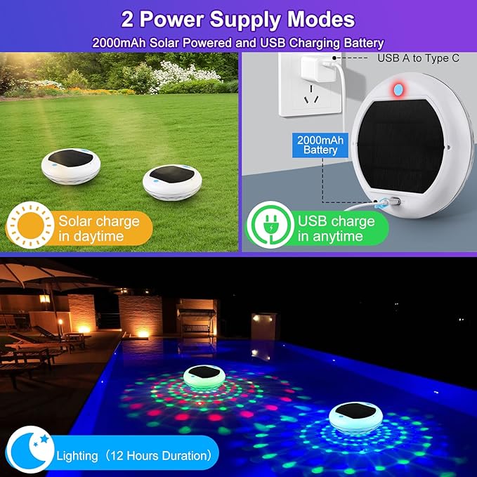 2-in-1 Solar and Rechargeable Floating Pool Lights: 4 Pack 6.7" Pool Lights That Float 6 Dynamic Modes with Remote IP68 Waterproof Hang RGB Upper and Lower Bathtub Light for Garden Pond