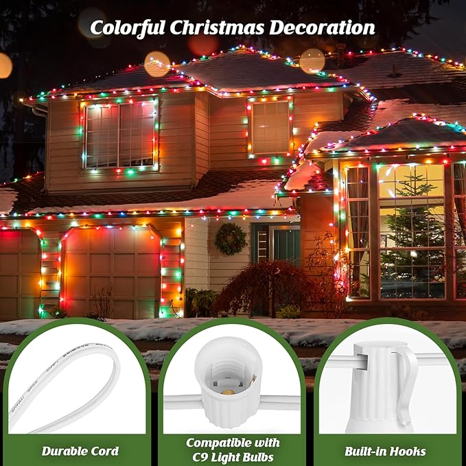 Brightever Commercial 500 FT LED Lights Sockets Outdoor, C9 E17 Light Sockets Set Spool, C9 Sockets Patio String Lights, C9 Light Strands - 12 Spacing Intermediate Base White Wire String Lights