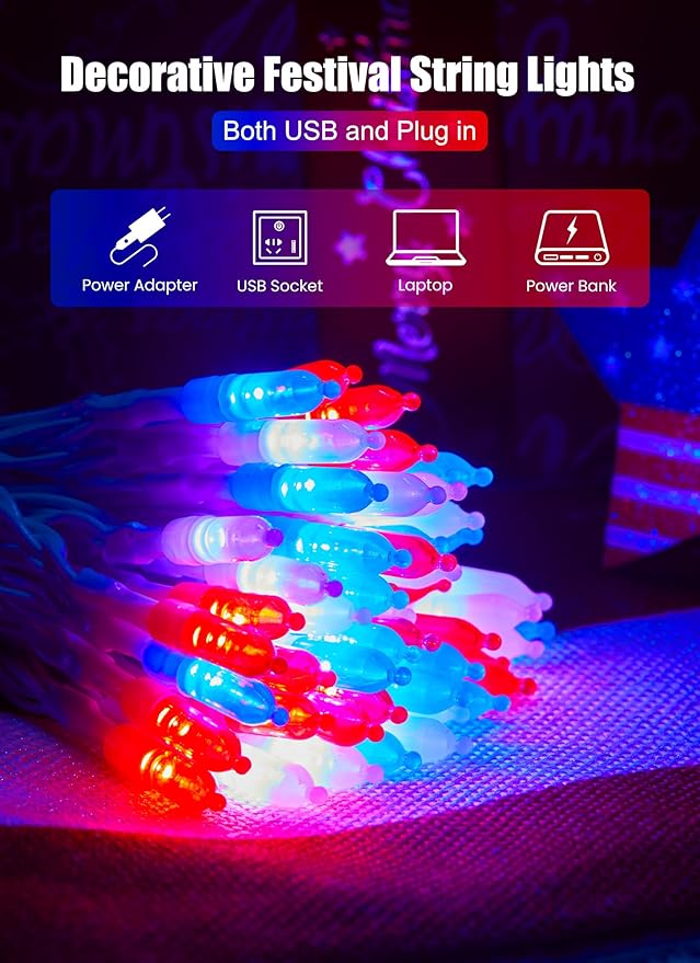 Red White Blue String Lights Plug in with Adapter,200 LED 4th of July Decoration Patriotic Mini Lights with Remote, Waterproof for Indoor Bedroom Party Holiday Independence Day