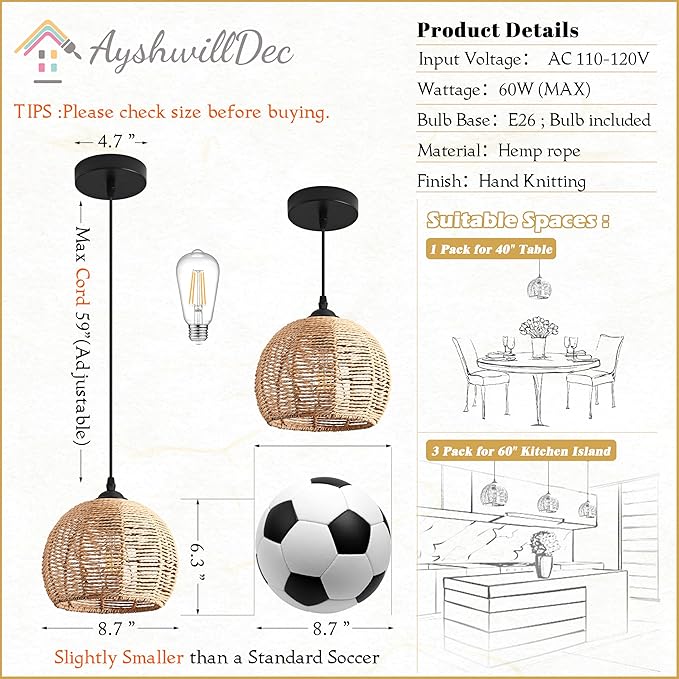 3 Pack Wicker Pendant Light Natural Woven Pendant Light Boho Chandelier Light Fixture Dome Rustic Farmhouse Pendant Lights Rattan Light Fixture for Dining Room Kitchen Island (Bulb Incl.)