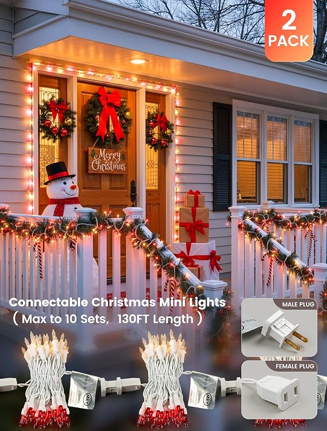 Hopolon Christmas Mini Lights, 2 Pack 13 FT 50 Count Plug in Christmas Tree Lights, 120V Waterproof Connectable White Wire String Light Set for Indoor Outdoor Valentines Day Wedding Decor Red & Clear