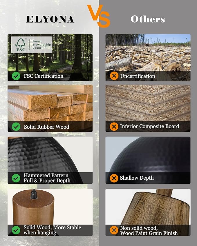 ELYONA Hammered Pendant Light, 10.2” Industrial Hanging Lamp with Solid Wood & Metal Shade, Modern Pendant Light Fixtures for Kitchen Island, Bar, Farmhouse Dining Room, Bedroom, Living Room, Black