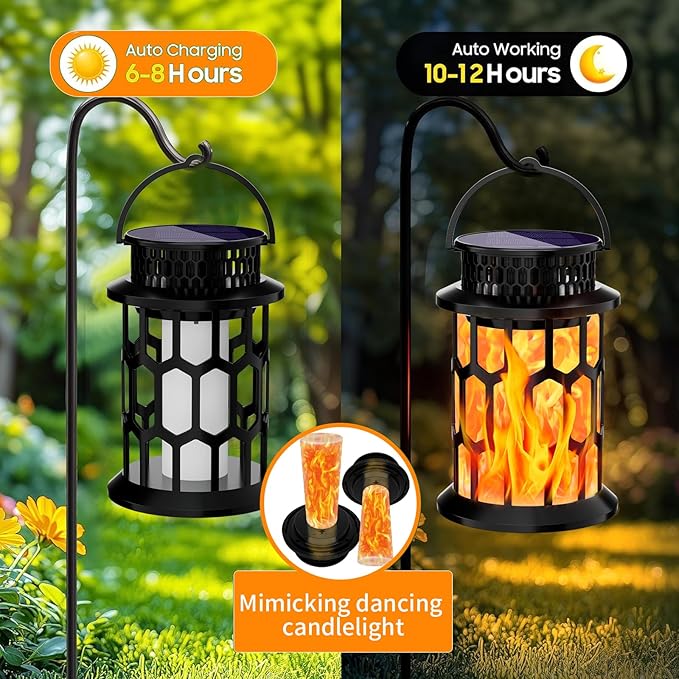 Solar Lanterns Outdoor Waterproof, Flickering Flame Hanging Solar Lantern Camping Solar Powered Lights Decorative Lights for Christmas Decorations Home Garden Patio Deck Yard Path, 2 Pack
