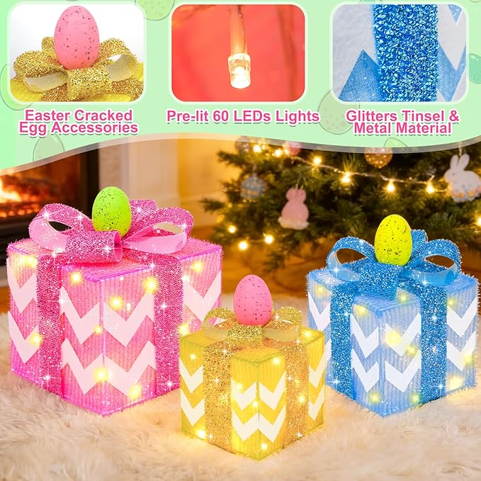 Timer & 8 Mode 3 Pack Easter Decorations, Pink Blue Yellow Easter Lighted Gift Boxes with Eggs Glitter Bow 60 LED Battery Operated Present Box, Easter Decor Spring Party Indoor Outdoor Home