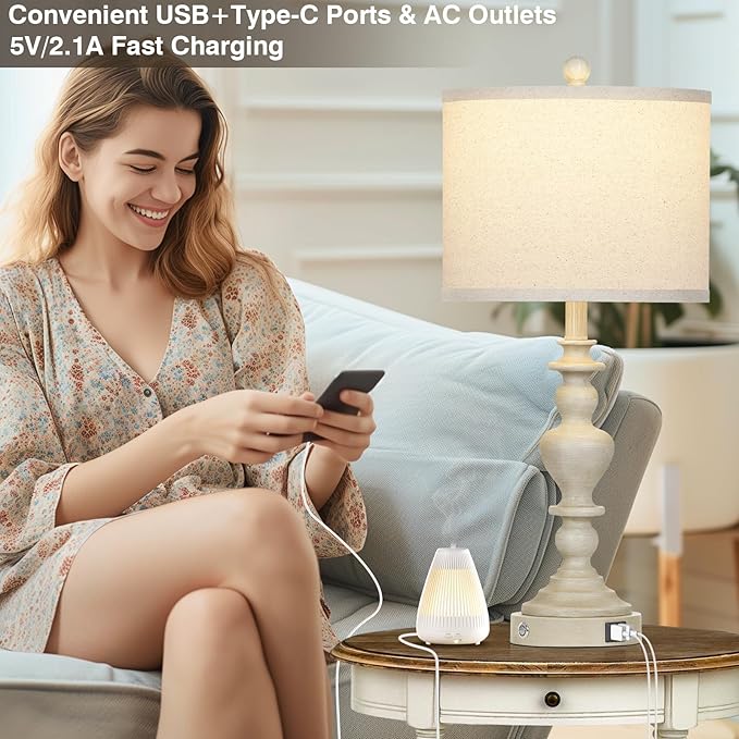 27" Farmhouse Lamps Set of 2 with USB C+A Charging Ports, Vintage Rustic Touch Control Table Lamp for Living Room, 3-Way Dimmable Traditional Nightstand Bedside Lamp for Bedroom Resin Washed Beige