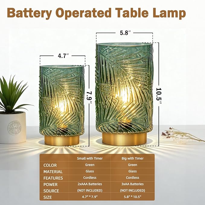 Battery Operated Table Lamp, Cordless Lamps for Home Décor, Nightlight with LED Bulb with Timer for Living Room Bedroom Tabletop Entryway Centerpiece Gift(S Green)