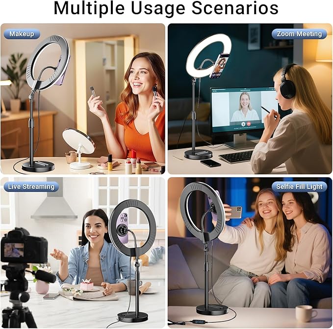Desk Ring Light with Magnetic Phone Holder, 10'' Video Conference Podcast Lighting Kit for Laptop Computer Monitor Zoom Call Streaming, 3 Color LED Halo Light with Adjustable Stand for Home Office