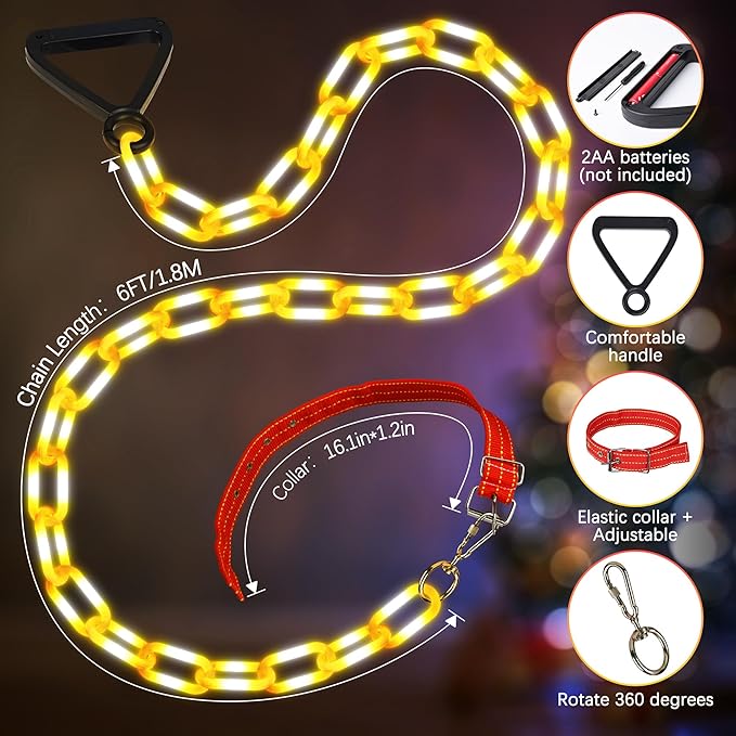 Joomer 6FT Light-Up Dog Leash for Night Walking, 60 LED Battery-Operated Dog Chain Lights with 6 Modes & Timer, Glow Leash with Secure Handle for Small to Large Pets - Warm White