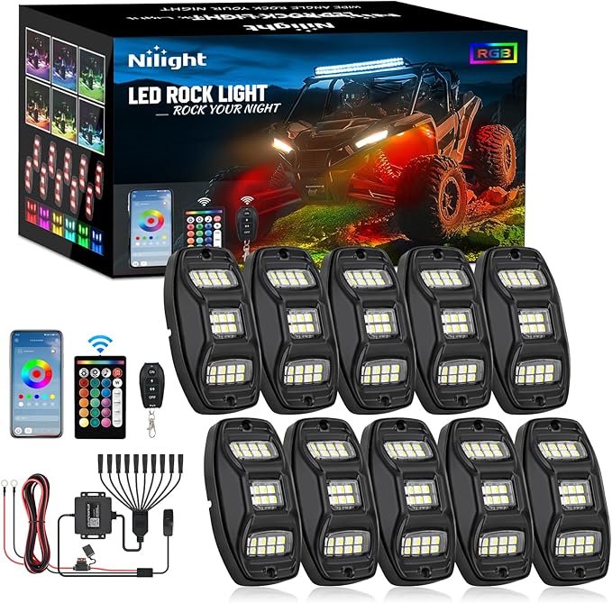 Nilight RGBW LED Rock Lights Kit, 10 Pods 22LED Wide Angle Remote & Bluetooth App Dual Control with Music Modes Multicolor Underglow Neon Wheel Well Light Fit for ATV UTV SUV Offroad Truck RZR Boat