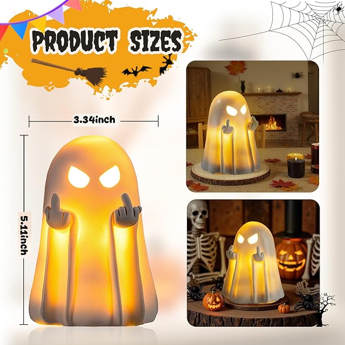Halloween Middle Light Up Ghost Figurine,5.1" Large Cute Spooky Ghost Statue,Halloween Decorations Indoor,Resin Statue for Party, Home, Indoor & Porch Decor
