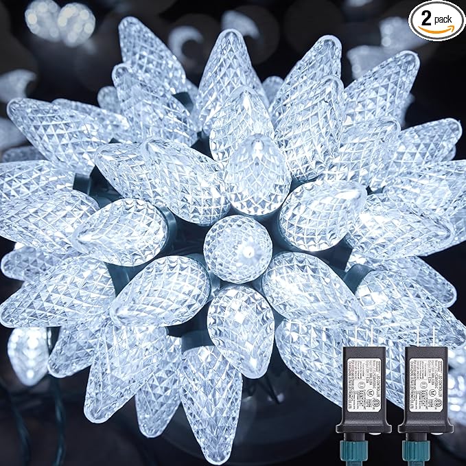Brightown C9 Christmas Lights Outdoor 2 Pack - Total 162 FT 200 LED C9 String Lights, with Timing & Memory, 8 Modes, Connectable, Waterproof - for Indoor Outside Tree Home Yard Decoration, Cool White