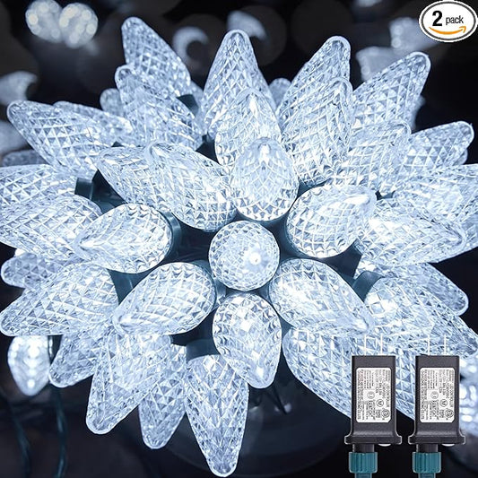Brightown C9 Christmas Lights Outdoor 2 Pack - Total 162 FT 200 LED C9 String Lights, with Timing & Memory, 8 Modes, Connectable, Waterproof - for Indoor Outside Tree Home Yard Decoration, Cool White