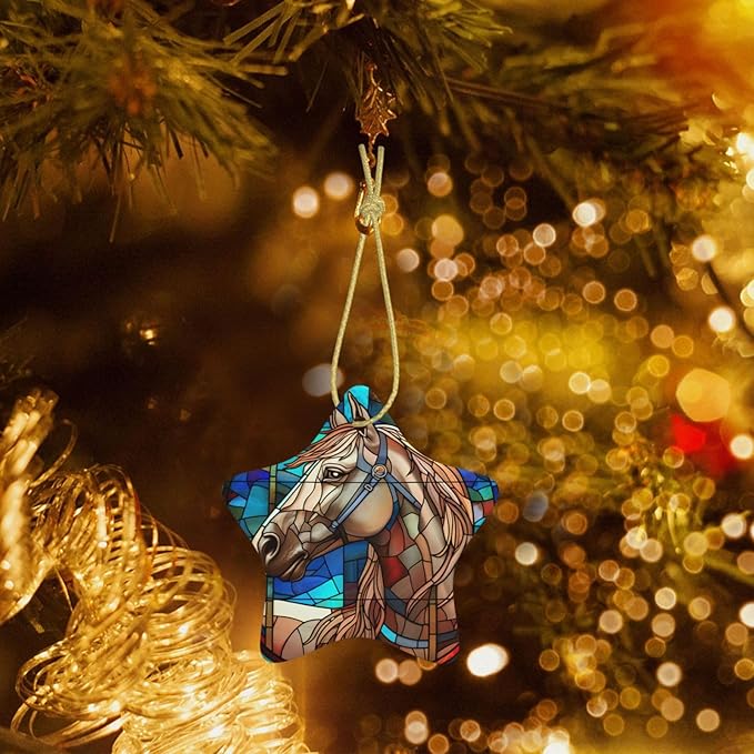Glass Horse Christmas Ornaments, Christmas Decorations Xmas Tree Hanging Ornaments, Star-Shaped Ceramic Festive Keepsake Gift for Christmas Decorations Holiday Home Party