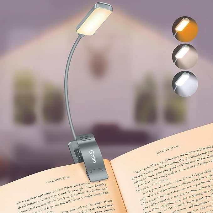 Gritin 9 LED Rechargeable Book Light for Reading in Bed - Eye Caring 3 Color Temperatures,Stepless Dimming Brightness,80 Hrs Runtime Small Lightweight Clip On Book Reading Light-Pacific Blue