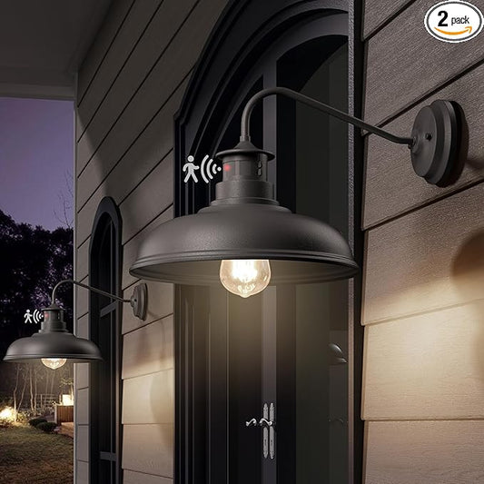 Set of 2 Gooseneck Outdoor Wall Lights Fixtures,Dusk to Dawn Motion Sensor Wall Sconce Farmhouse Barn Lamp for Patio,3 Modes Dimmable Exterior Porch Light Wall Mount Lighting with Rotary Dial Control