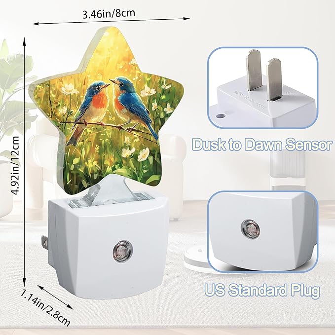 Bird Flower Night Lights Plug Into Wall,Spring Watercolor Birds Star Night Light for Kids,Nightlight with Dusk to Dawn Smart Sensor for Bedroom Bathroom Decor,Children Women Men Gift