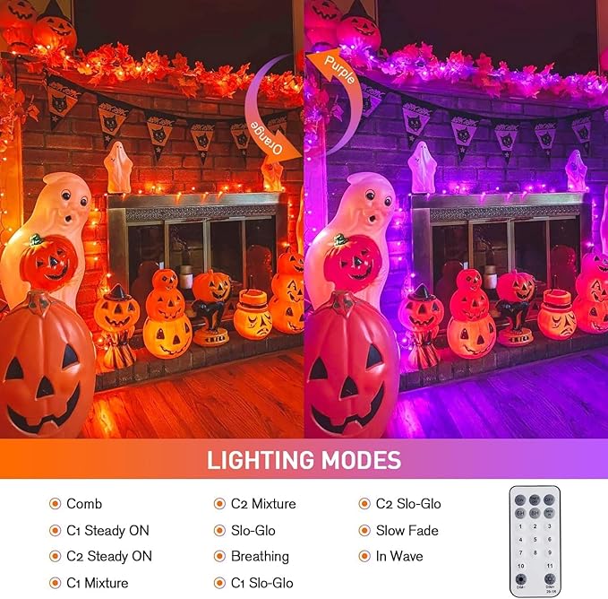 JMEXSUSS 2 Pack 33ft 100 LED Orange Purple Halloween Lights Indoor Outdoor, Color Changing Christmas Lights Plug in, Connectable Clear Wire String Light for Christmas Tree Party Xmas Decorations