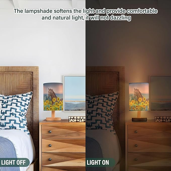 Table Lamp Red Stallion Horse Nature Sunflower Field Nightstand Lamp with Wood Base Fabric Lamp Shade Bedside Desk Lamp for Living Room Bedroom Kids Room Office