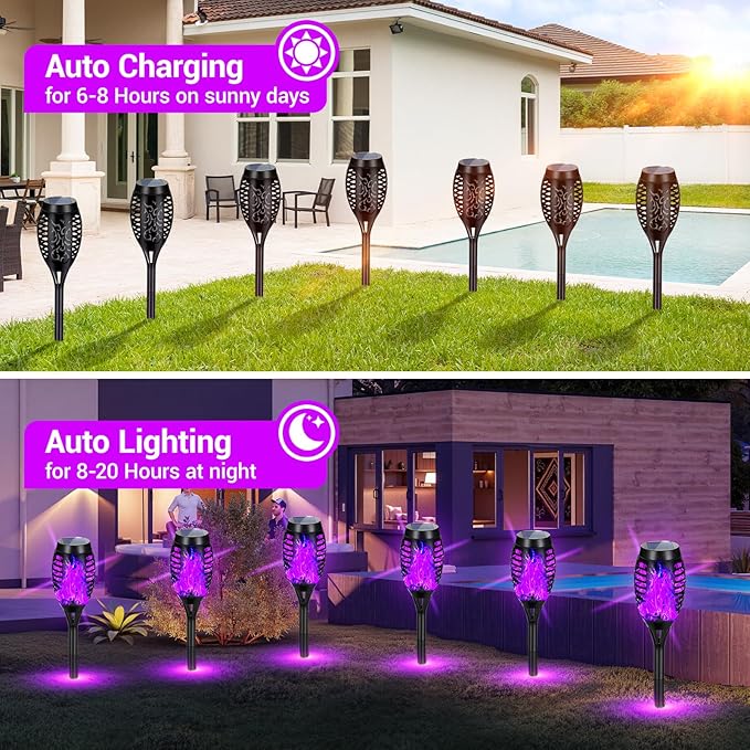 Solar Lights Outdoor, Upgraded 10 Pack Purple Solar Torch Lights Outdoor Flickering Flame for Garden Decor, Waterproof Outdoor Lights Solar Powered, Tiki Torches for Outside Yard Pathway Decor