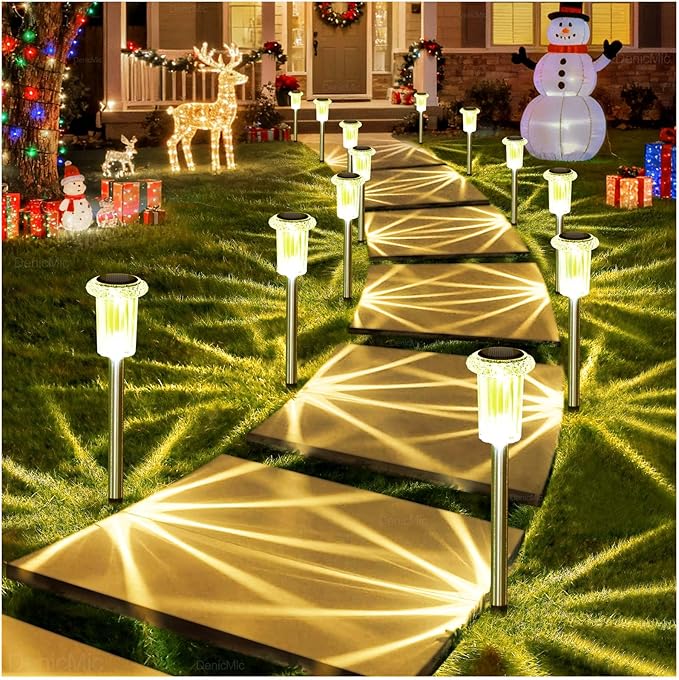 DenicMic Solar Lights Outdoor 15 Pack Waterproof 3000K Warm White LED Stainless Steel Stake Outside Lights for Yard Pathway Garden Driveway Walkway Landscape Path Lighting