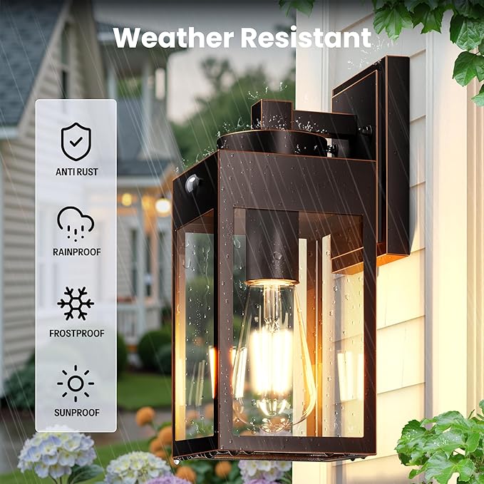 Gleamz Motion Sensor Outdoor Garage Lighting Fixtures, Oil Rubbed Bronze Gold Trim Farmhouse Exterior Porch Lights Wall Mount with Tempered Glass, Waterproof Outdoor Wall Lantern for House, Front Door