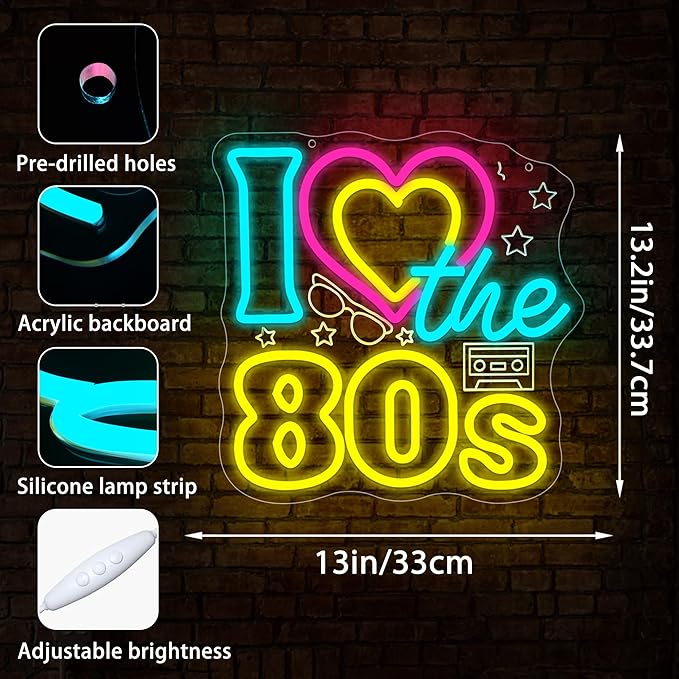 I Love The 80's Neon Sign for Wall Decor Dimmable 80's Theme LED Neon Light for Party Decor Vintage Radio Music Background for Bar Party Disco Birthday Music Studio Heart Signs Size 13.3*13in(GLNP235)