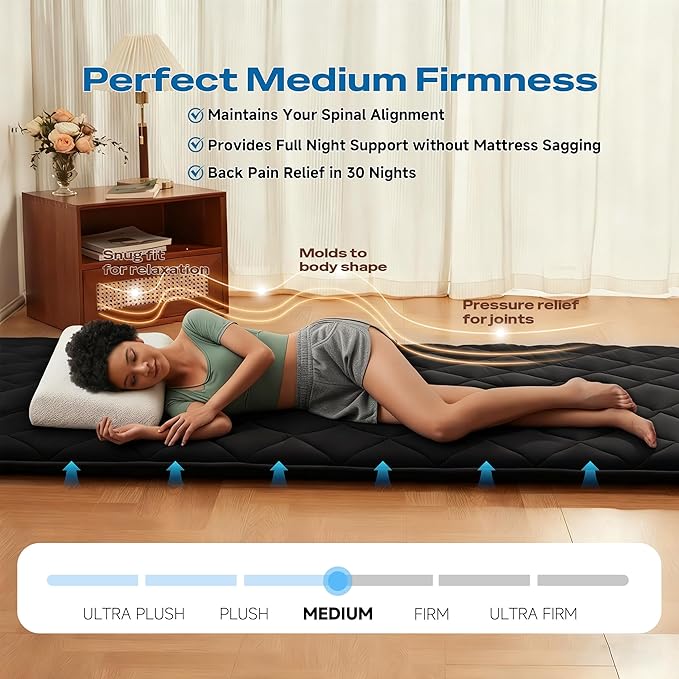 Aircliff Japanese Floor Futon Mattress, Roll Up Tatami Mat, Sleeping Pad, Shikibuton, Portable Foam Floor Bed Mattress for Sleeping, Dormitory, Guest Bed, Designed in Japan(Black, Full)