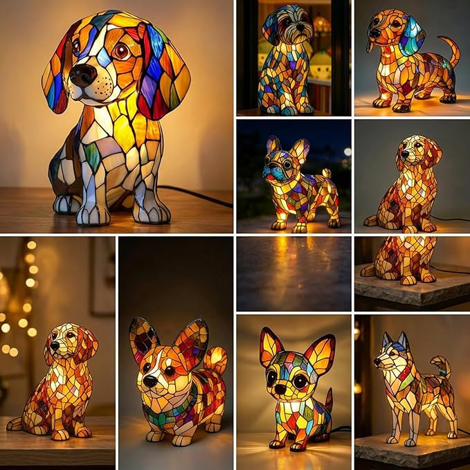Rainbow Puppy Lamp Stained Glass Dog Night Light 3D Retro Stained Resin Rainbow Pup Lights Charge Powered Table Lamp Puppy Glow Lamps for Home Bedroom Desk (J)