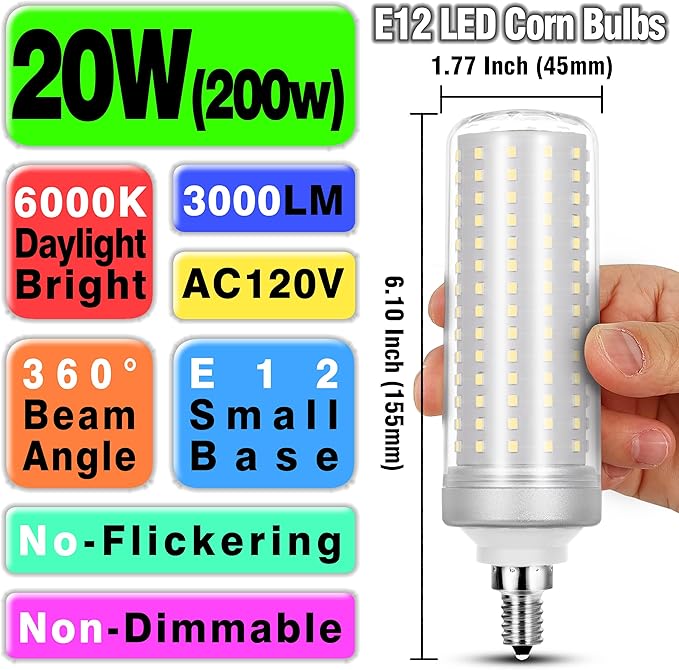 Big 1.77x 6.1 inch, E12 200w Equivalent LED Candelabra Bulbs C7,6000K Daylight Bright White,3000 lm T6 E12 20W LED Chandelier Light Bulbs for Ceiling Pendant Lighting Floor Lamp,Non-dimmable,3 Pack