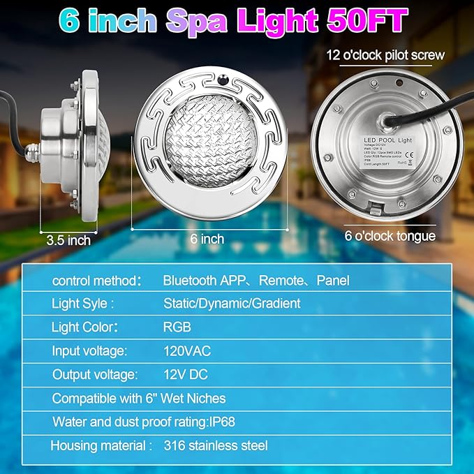 6 Inch Led Pool Spa Lights for Inground Pool, 12V DC Spa Lights with Remote and Transformer Controller, IP68 Waterproof, Color Changing Underwater Pool Light with 50 FT Cord for 6 Inch Wet Niches