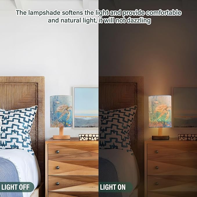 Sea Turtle in Ocean Marine Life Table Lamp for Bedroom USB Port Lamps Small Accent Table Lamp Nightstand Lamp Study Linen Shade with Wooden Base, Decorative Lamps for Bedside Reading|Kids|Dorm|Home