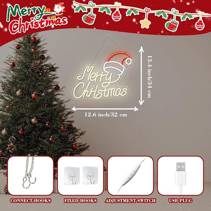 Christmas Neon Sign Merry Christmas Neon Signs for Wall Decor Santa Hat Led Lights Red Light Up for Party Bar Club Hotel Restaurant Shop Store Showcase Backyard Living Room Bedroom Decoration Gifts