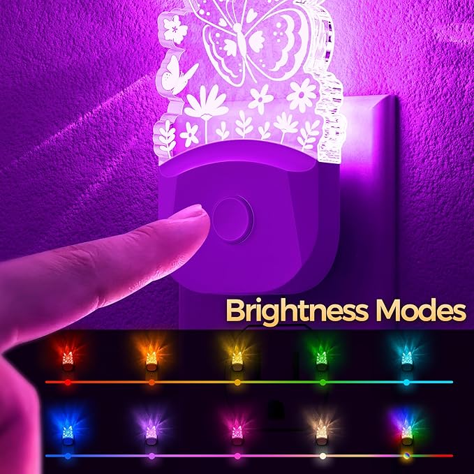 DORESshop Night Lights Plug into Wall [2 Pack], Butterfly Night Light Plug in with 8-Color RGB, Dusk-to-Dawn Sensor, Rainbow LED NightLight for Bathroom, Cute Room Decor,Boys Girls Christmas Gift