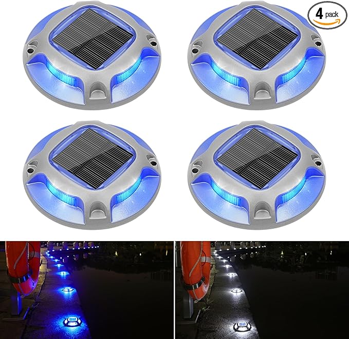 VOLISUN Solar Driveway Lights Dock Marine Lights 4 Pack,2 Colors in 1,Outdoor LED Deck Light,Solar Powered Waterproof Warning Step Light for Driveway Sidewalk Pathway (Blue/White),Saltwater Resistant