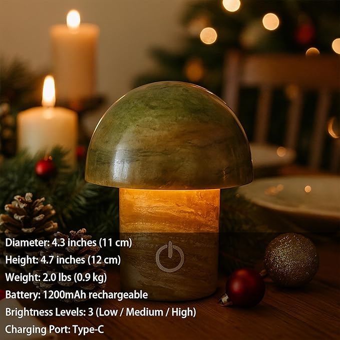 Natural Stone Mushroom Lamp - Jade Gemstone Night Light with LED, Touch Control 3 Brightness, USB Rechargeable Bedside Table Decor Gift