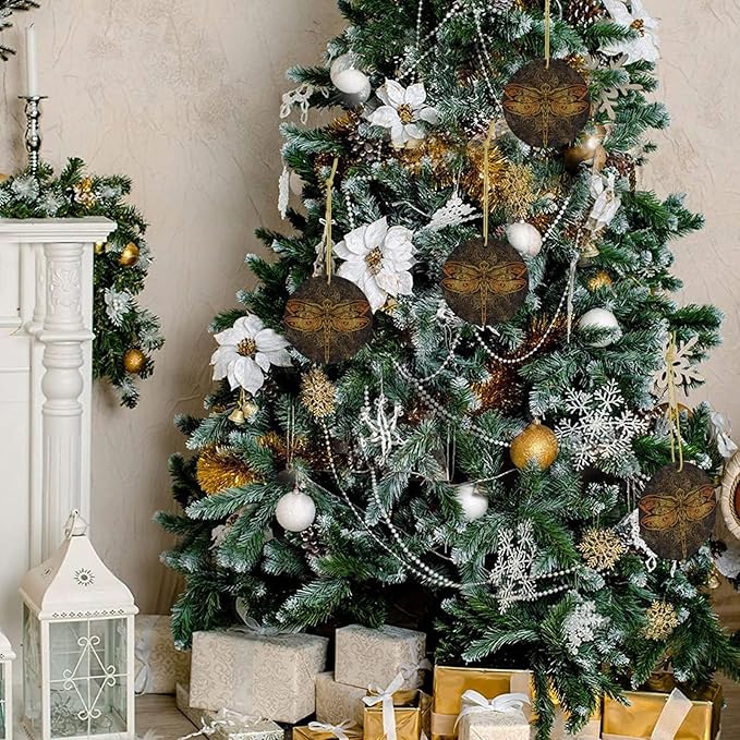 Exquisite Golden Dragonfly Mandala Christmas Ornaments, Christmas Decorations Xmas Tree Hanging Ornaments, Round Ceramic Festive Keepsake Gift for Christmas Decorations Holiday Home Party Decors